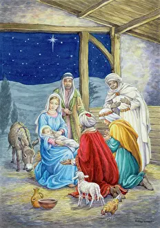 Nativity Scene with Three Kings, lamb, cockere
