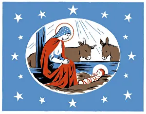 Three Colour: Nativity scene with ox and ass, and stars