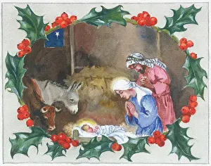 Orton: Nativity Scene with wreath of holly around