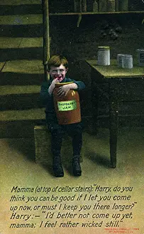 Childish: Naughty boy in the cellar tucking into the raspberry jam