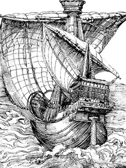 Altdorfer: navigation, sailing ship, cog, pen drawing by