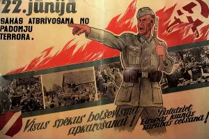 Latvia: Nazi's propaganda poster. From 1941 to 1944. Occupation Muse