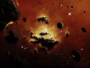 Destiny: A nebula evaporates in the far distance of an asteroid field