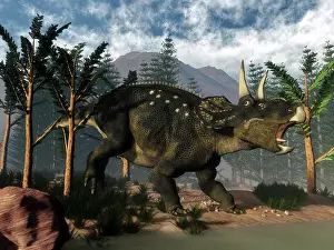 Diceratops: Nedoceratops roaring while among onychiopsis trees