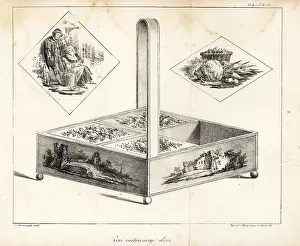 Interior Decoration: Needlework box with handle and four compartments