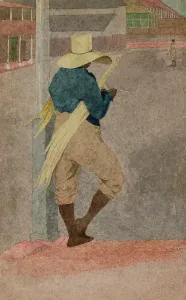 Stripping: Negro man in straw hat, standing, stripping cane