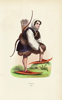 Nenets: Nenets man wearing fur clothes, shirt with hood, snow shoes
