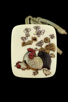 Inlay: Netsuke - hako type. Cock, hen, chick & flowers