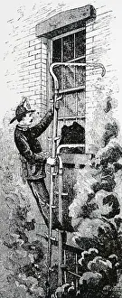 Storeys: A New York fireman using an escape ladder to reach