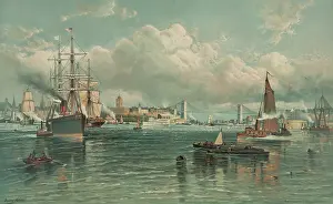 Transporation: New York Harbor with the Brooklyn Bridge in