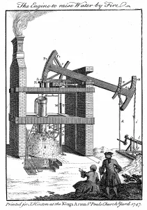 1717: Newcomen steam engine. From The Universal Magazine
