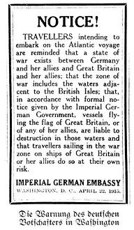 Torpedoed: Newspaper notice of the German Embassy, 1915