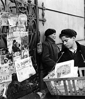 Newsstand: Newspaper vendor in Madrid, 1942