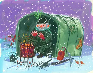 Brazier: Nightwatchman in hut in the snow
