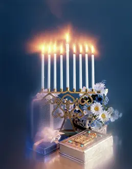 Candelabrum: NINE-BRANCHED CANDELABRUM LIT DURING THE EIGHT-DAY