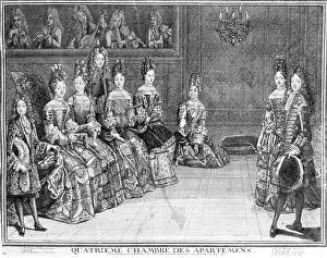 Tropmi: Nobility at Versailles, engraving by Trouvain