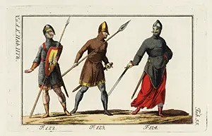 Leggings: Three Norman cavalry in chainmail armor and nasal helmets