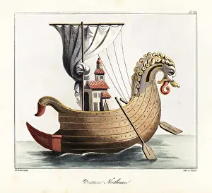 Prow: Norman ship with carved figurehead, striped sail