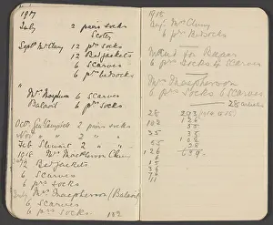 Quantities: Notebook recording quantities of comforts for soldiers