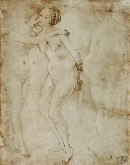Pollaiolo: Three nude female figures. Drawing