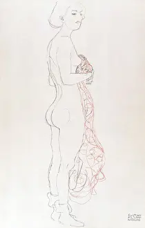 Draperies: Nude girl in red patterned draperies