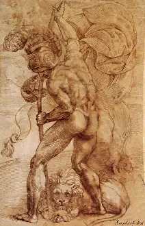 1517: Nude man with standard and lion, by Raphael