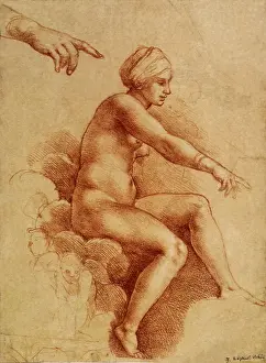 1517: Nude woman seated on clouds, by Raphael