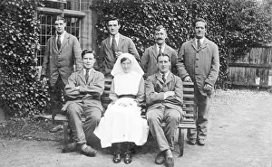 Recuperating: Nurse and patients on bench in garden