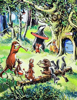 Stoat: Nursery animals playing in wood