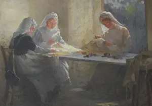 Liss Fine Art: Three nurses sewing at a table, WW1