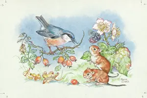 Brambles: Nuthatch and two mice with brambles and hips