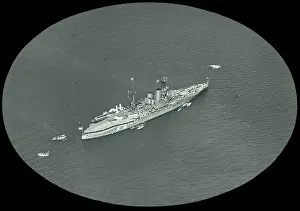 Simmonds: O E Simmonds aerial view of a Royal Navy warship