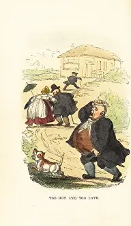 Rudolph Ackermann: Obese people running to catch a stage coach in