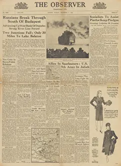 Duren: The Observer front page Red Army advance on Budapest