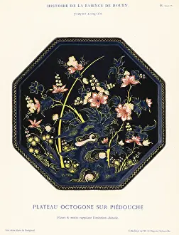 Auguste Le Brument: Octagonal platter on a pedestal, lacquer ground, Rouen