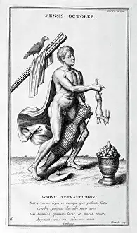 Represented: October represented as a man pulling a hare from