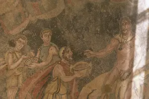 Offer: Odysseus offering wine to Polyphemus. Mosaic. 3rd-4rd centur