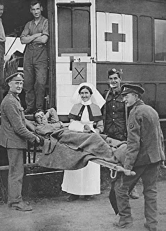 Blighty: Off to England, wounded entraining at casualty clearing, WW1