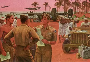 Distributes: Officer distributes Papers among Soldiers