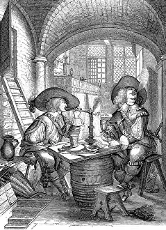 Entitled: Officers drinking and smoking clay pipes In left