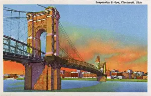 Suspension: Ohio River with suspension bridge, Cincinnati, Ohio, USA