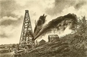 Derricks: Oil well with a side flowing gusher in the ?