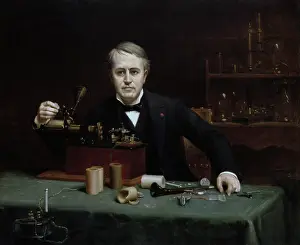 Edison: Oil painting of inventor Thomas Edison in his laboratory