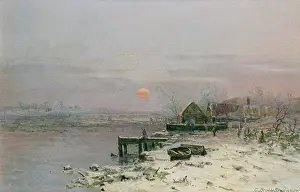 Snowscene: An Old Boatshed, Sunset, Winter