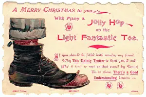 Puns: Old boot with comic verse on a Christmas card