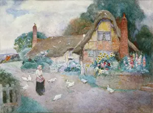 Woodlock: Old Cottage ' with girl and white ducks