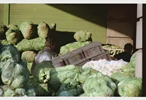 Cabbages: Old Covent Garden sacks of cabbages and box
