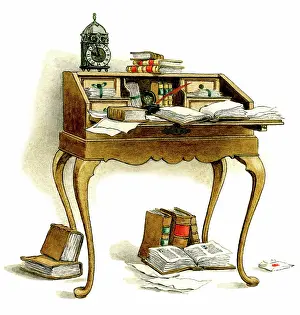 Untidy: Old fashioned desk with books and paper