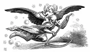 Scythe: Old Father Time with his scythe, carrying in the