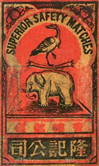 Matchboxes: Old Japanese Matchbox label with an elephant and a bird